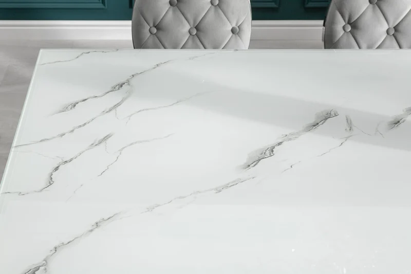 Table à manger design MODERNE BAROQUE 200cm blanc chrome plateau verre marbre pieds acier inoxydable