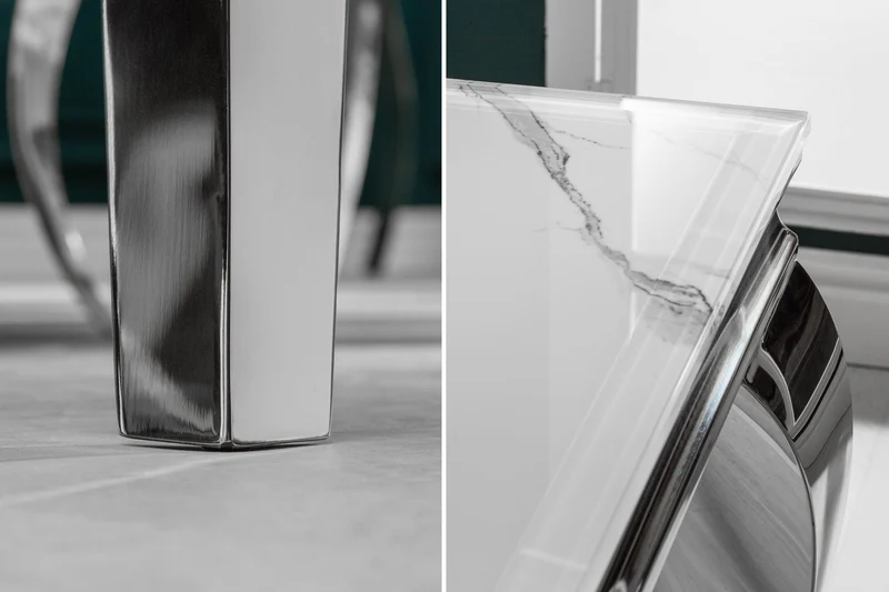 Table à manger design MODERNE BAROQUE 200cm blanc chrome plateau verre marbre pieds acier inoxydable