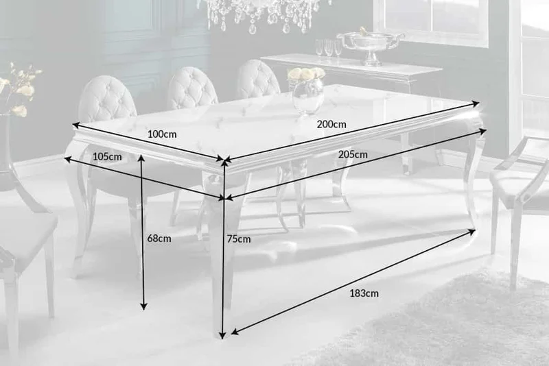Table à manger design MODERNE BAROQUE 200cm blanc chrome plateau verre marbre pieds acier inoxydable