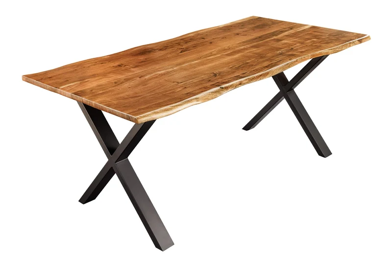 Table à manger en bois massif MAMMUT NATURE 180cm bord en acacia cadre en X noir plateau 2,5cm