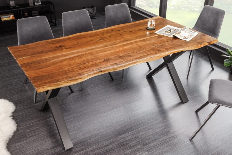 Table à manger en bois massif MAMMUT NATURE 180cm bord en acacia cadre en X noir plateau 2,5cm
