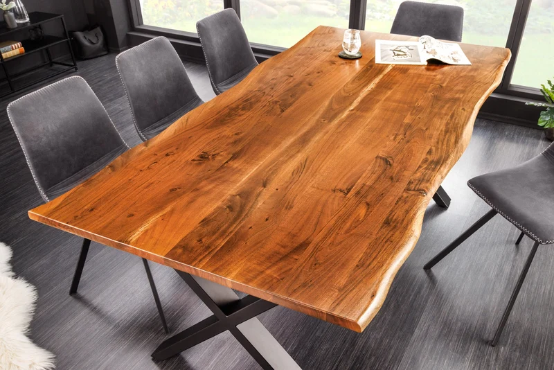 Table à manger en bois massif MAMMUT NATURE 180cm bord en acacia cadre en X noir plateau 2,5cm