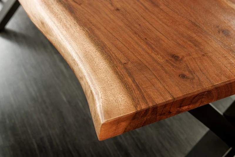 Table à manger en bois massif MAMMUT NATURE 180cm bord en acacia cadre en X noir plateau 2,5cm