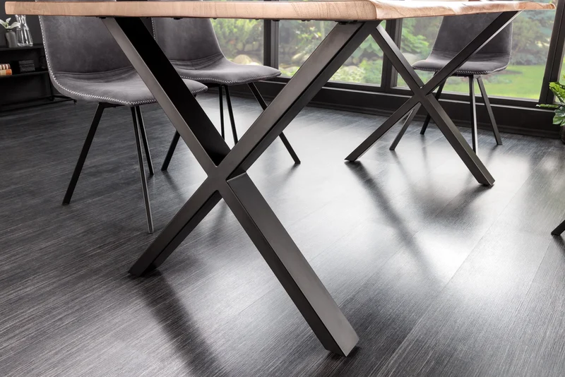 Table à manger en bois massif MAMMUT NATURE 180cm bord en acacia cadre en X noir plateau 2,5cm