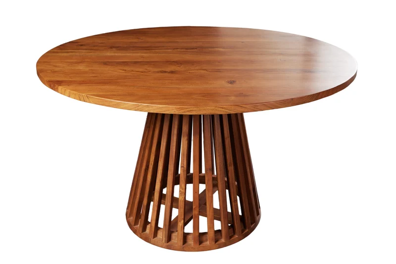 Table à manger ronde MAISON JADE 130cm piètement pilier en bois massif d'acacia naturel