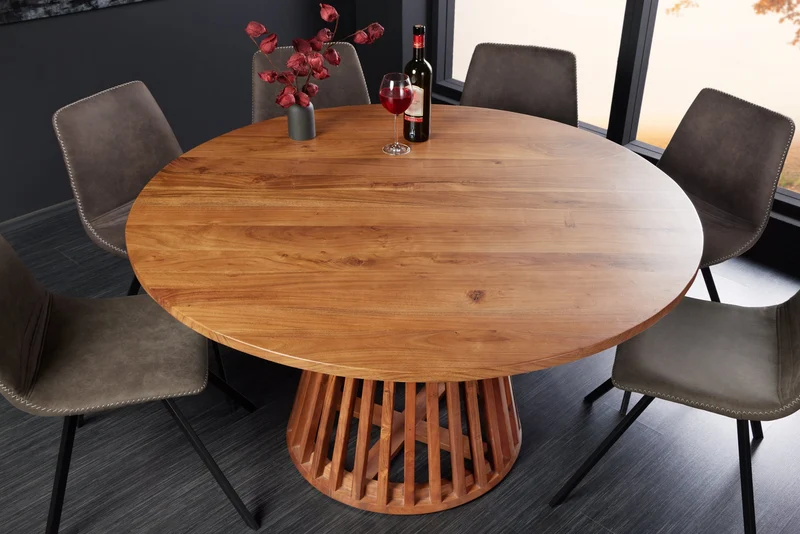 Table à manger ronde MAISON JADE 130cm piètement pilier en bois massif d'acacia naturel