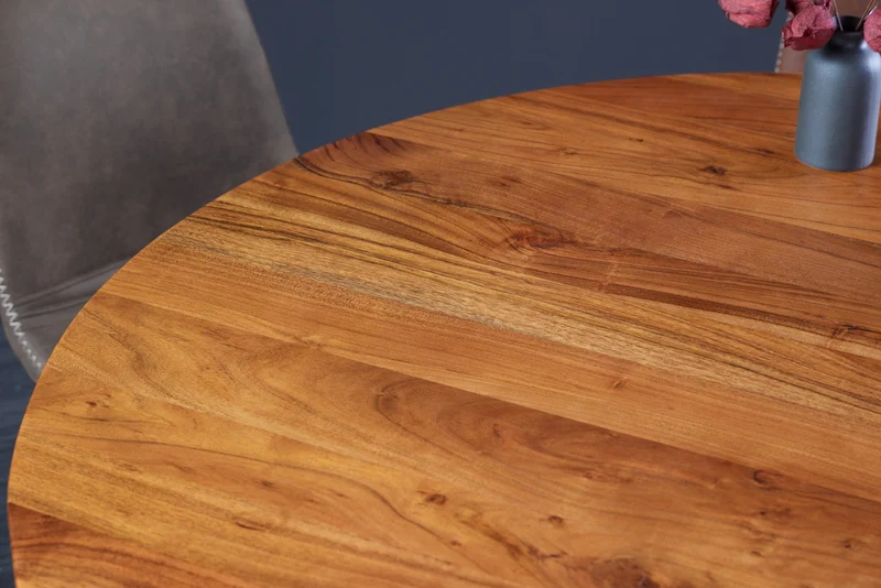 Table à manger ronde MAISON JADE 130cm piètement pilier en bois massif d'acacia naturel