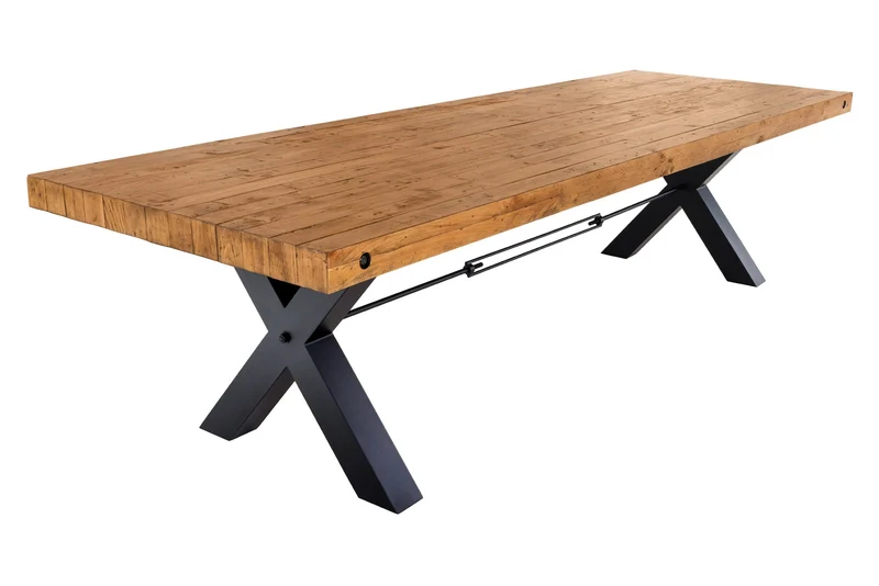 Table à manger en bois massif THOR 300 cm pin marron vintage design industriel recyclé cadre en X en fer