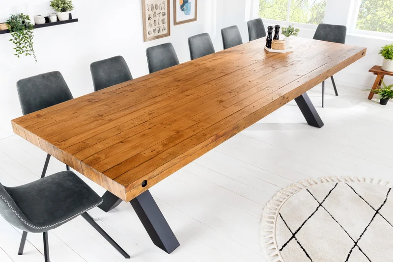 Table à manger en bois massif THOR 300 cm pin marron vintage design industriel recyclé cadre en X en fer