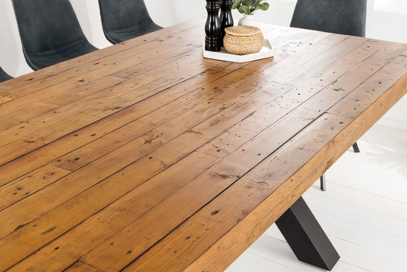 Table à manger en bois massif THOR 300 cm pin marron vintage design industriel recyclé cadre en X en fer