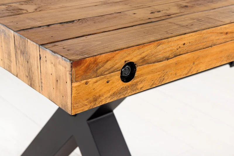 Table à manger en bois massif THOR 300 cm pin marron vintage design industriel recyclé cadre en X en fer