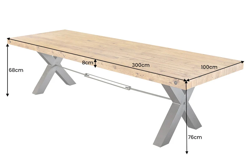 Table à manger en bois massif THOR 300 cm pin marron vintage design industriel recyclé cadre en X en fer