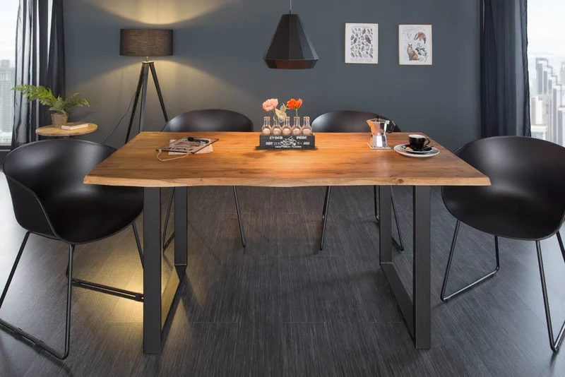 Table à manger en bois massif MAMMUT 140cm bord en acacia sauvage design industriel plateau 2,6cm