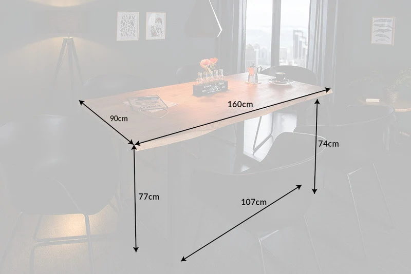 Table à manger en bois massif MAMMUT 160 cm en acacia sauvage design industriel plateau de table 2,6 cm bord d'arbre