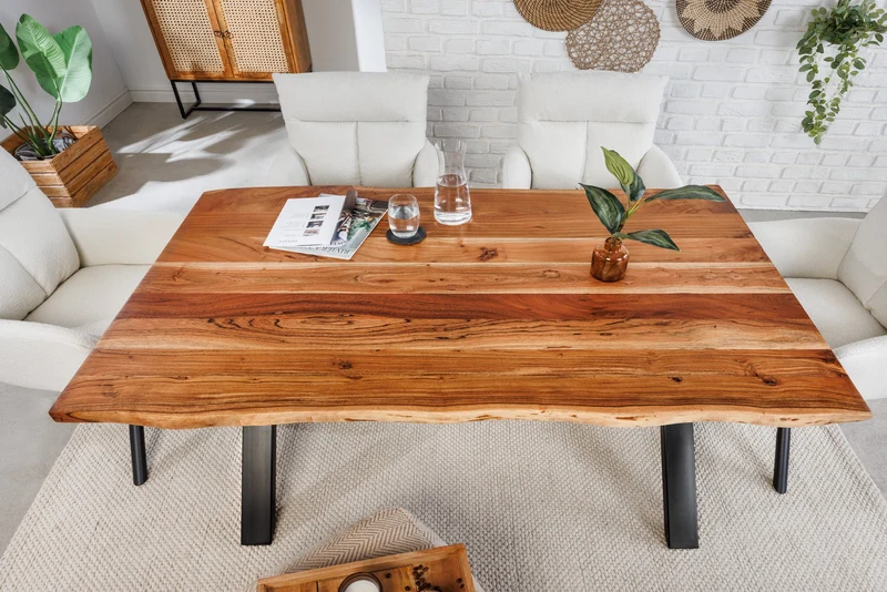 Table à manger en bois massif MAMMUT 160cm bord acacia structure X design industriel plateau 2,6 cm