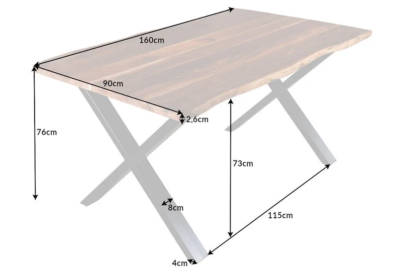 Table à manger en bois massif MAMMUT 160cm bord acacia structure X design industriel plateau 2,6 cm
