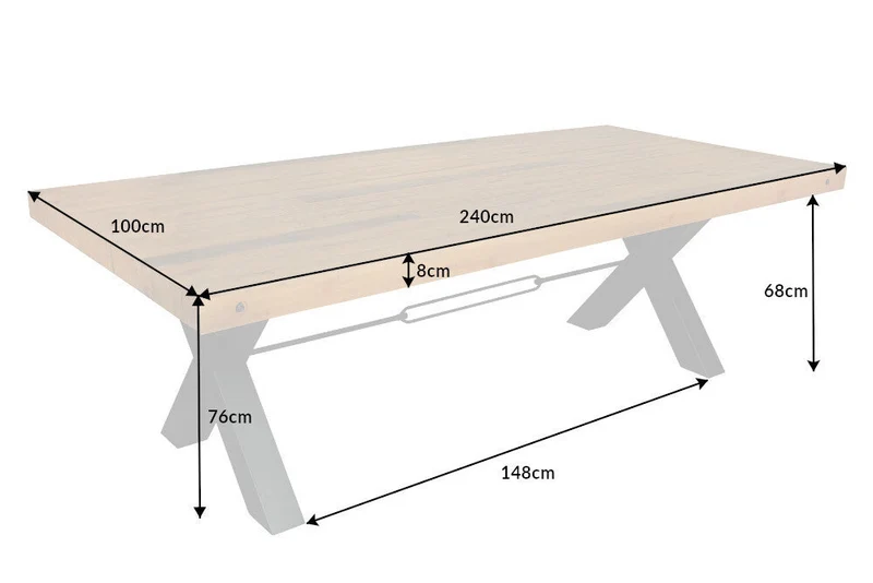 Table à manger massive THOR 240 cm vintage marron en pin recyclé design industriel cadre en X