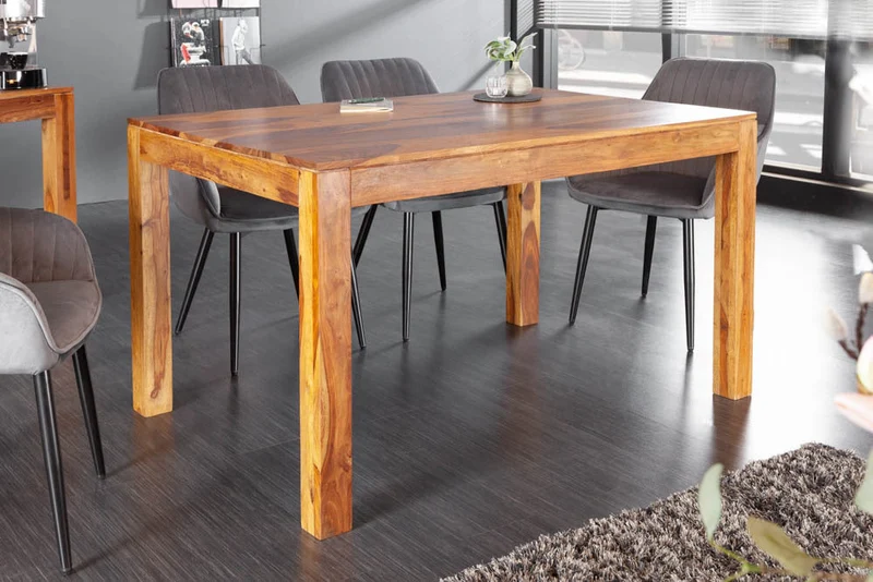 Table à manger en bois massif PURE 135 cm marron bois de Sheesham finition pierre grain unique