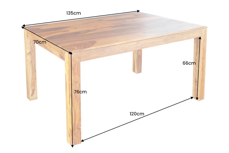 Table à manger en bois massif PURE 135 cm marron bois de Sheesham finition pierre grain unique