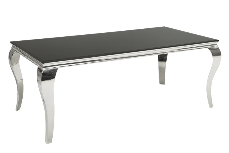 Table à manger au design élégant et moderne de style baroque, 200 cm, plateau en acier inoxydable noir et verre opale