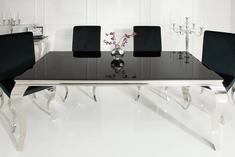 Table à manger au design élégant et moderne de style baroque, 200 cm, plateau en acier inoxydable noir et verre opale