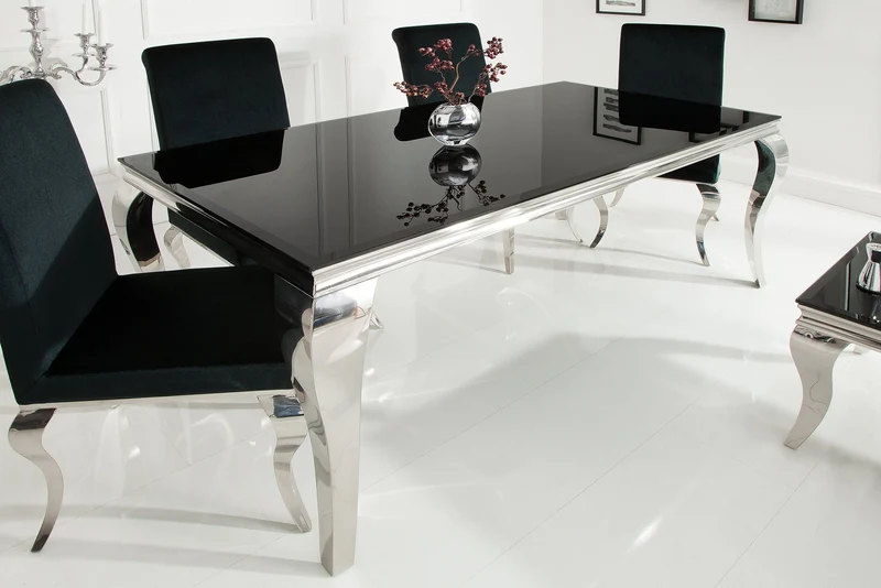 Table à manger au design élégant et moderne de style baroque, 200 cm, plateau en acier inoxydable noir et verre opale