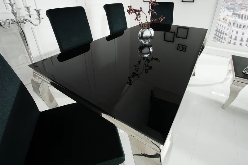 Table à manger au design élégant et moderne de style baroque, 200 cm, plateau en acier inoxydable noir et verre opale