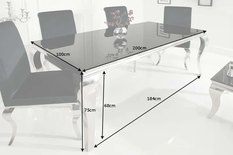 Table à manger au design élégant et moderne de style baroque, 200 cm, plateau en acier inoxydable noir et verre opale