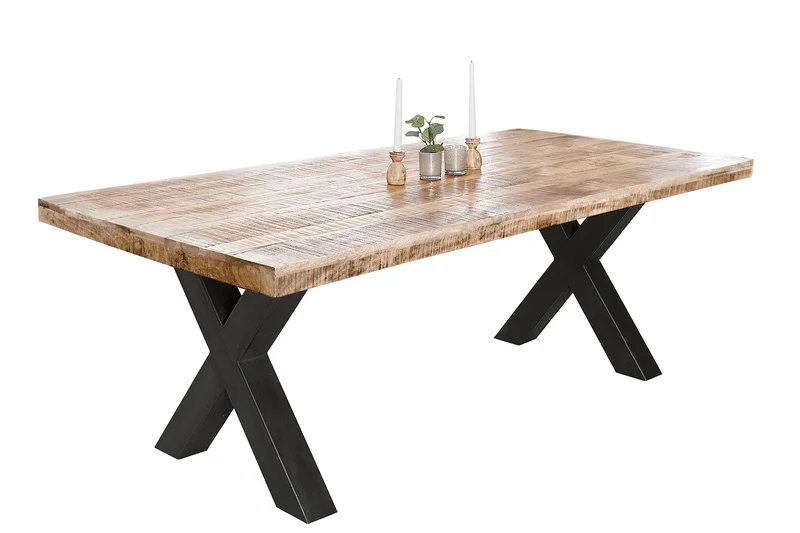 Table à manger solide IRON CRAFT 200cm en bois de manguier naturel design industriel structure en X métal noir