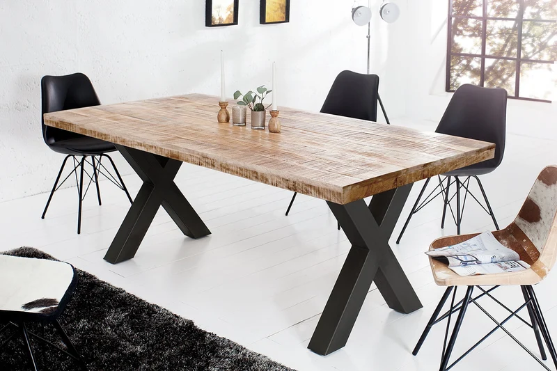 Table à manger solide IRON CRAFT 200cm en bois de manguier naturel design industriel structure en X métal noir