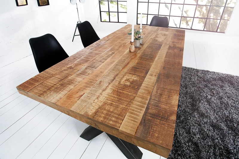 Table à manger solide IRON CRAFT 200cm en bois de manguier naturel design industriel structure en X métal noir