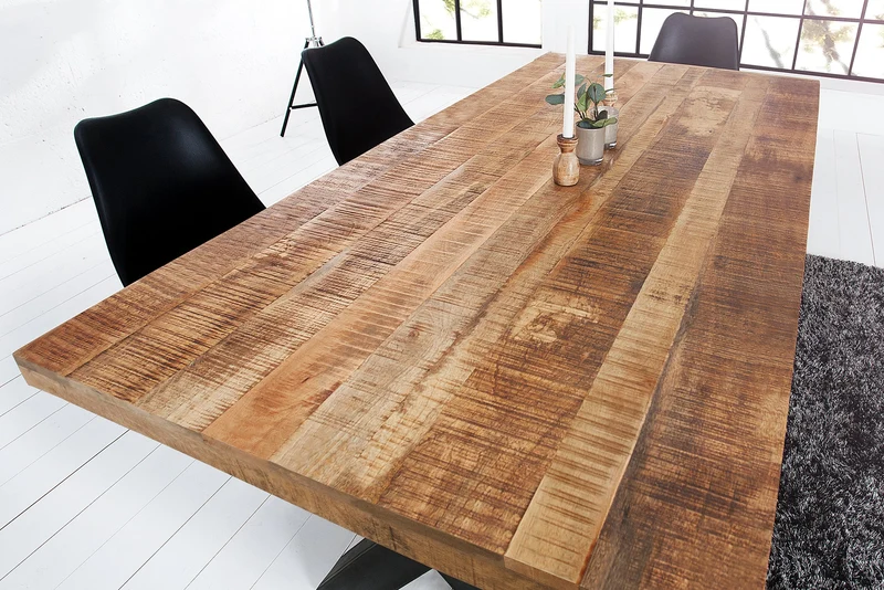 Table à manger solide IRON CRAFT 200cm en bois de manguier naturel design industriel structure en X métal noir