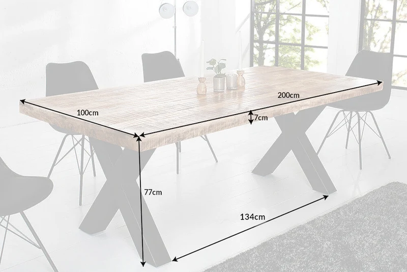 Table à manger solide IRON CRAFT 200cm en bois de manguier naturel design industriel structure en X métal noir