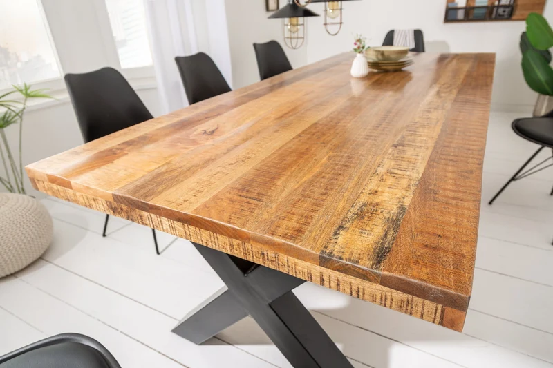 Table à manger solide IRON CRAFT 240cm bois de manguier naturel design industriel structure en X métal noir