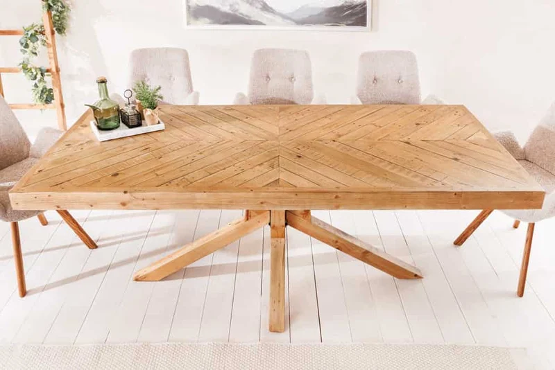 Table à manger en bois massif MOSAIC 160 cm, structure étoile en pin naturel recyclé