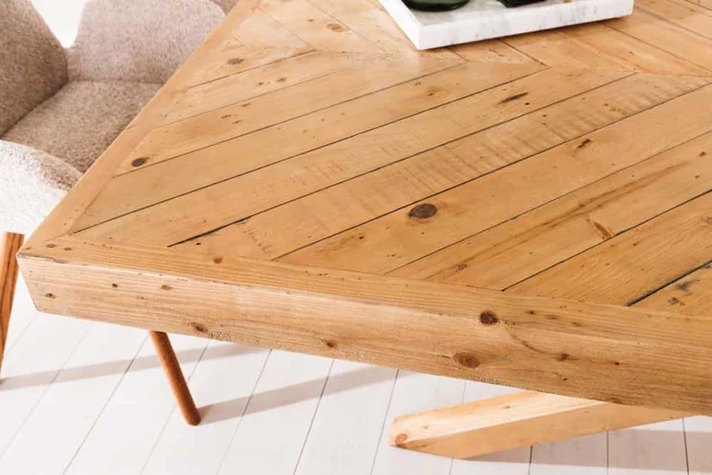 Table à manger en bois massif MOSAIC 160 cm, structure étoile en pin naturel recyclé