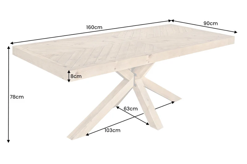 Table à manger en bois massif MOSAIC 160 cm, structure étoile en pin naturel recyclé