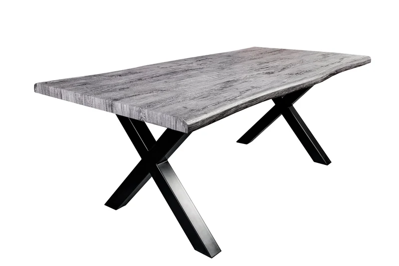 Table à manger industrielle WILD 180cm chêne sauvage gris cérusé design bord d'arbre cadre en X noir