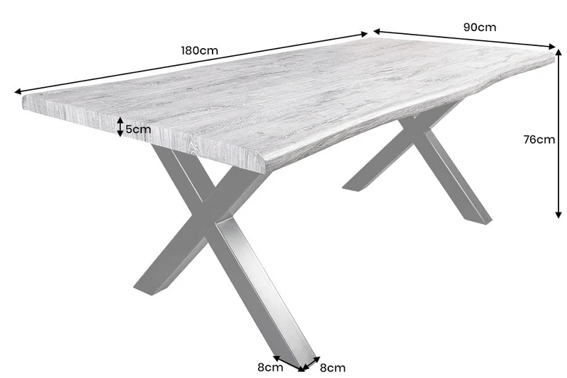 Table à manger industrielle WILD 180cm chêne sauvage gris cérusé design bord d'arbre cadre en X noir