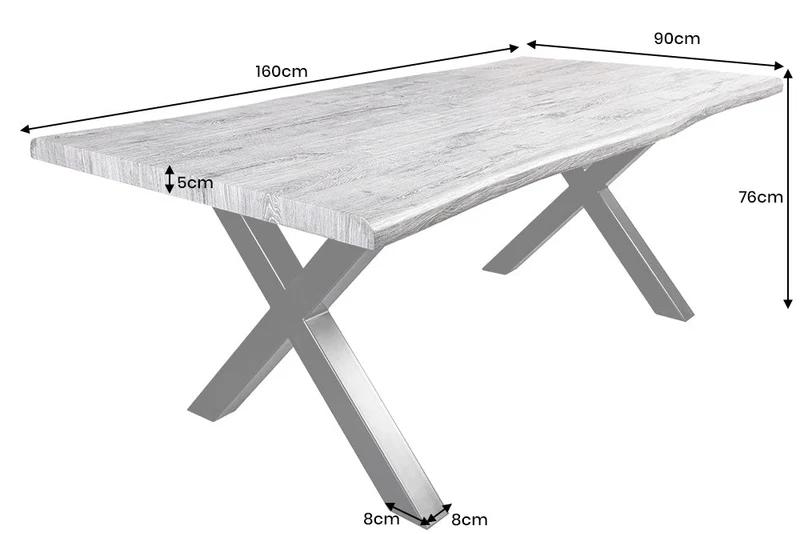 Table à manger industrielle WILD 160 cm chêne sauvage gris cérusé, bord d'arbre, cadre en X noir