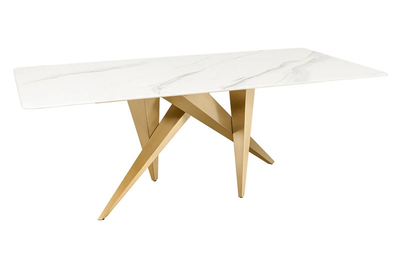 Table à manger design ART LIVING 200cm marbre blanc céramique métal brossé champagne or