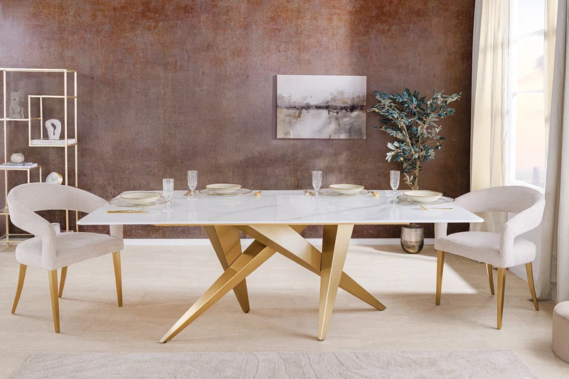 Table à manger design ART LIVING 200cm marbre blanc céramique métal brossé champagne or