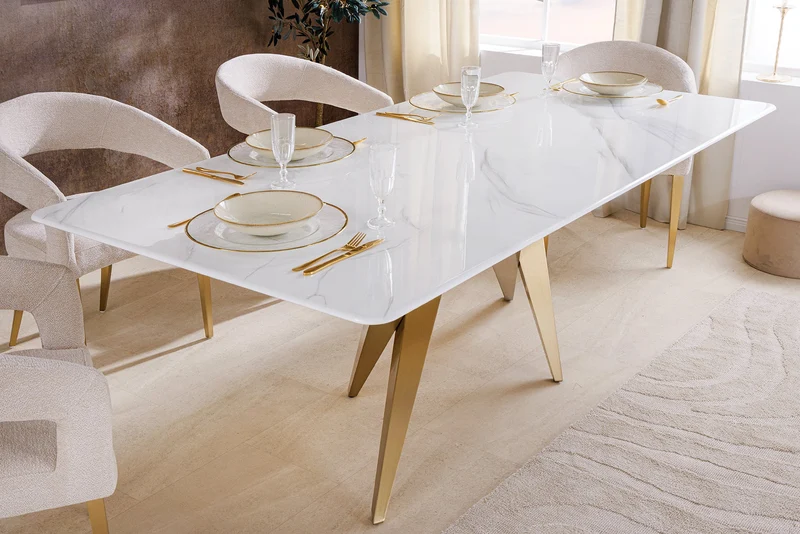 Table à manger design ART LIVING 200cm marbre blanc céramique métal brossé champagne or
