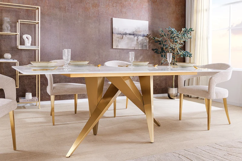 Table à manger design ART LIVING 200cm marbre blanc céramique métal brossé champagne or