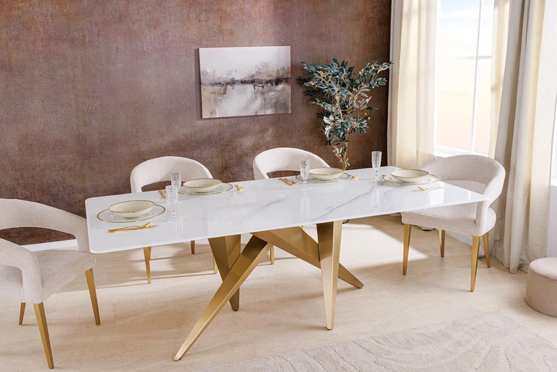 Table à manger design ART LIVING 200cm marbre blanc céramique métal brossé champagne or