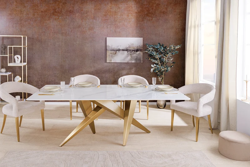 Table à manger design ART LIVING 200cm marbre blanc céramique métal brossé champagne or