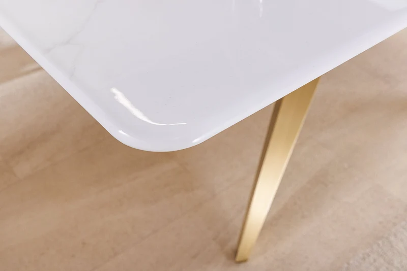 Table à manger design ART LIVING 200cm marbre blanc céramique métal brossé champagne or