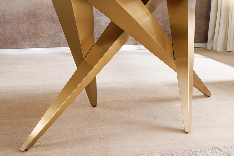 Table à manger design ART LIVING 200cm marbre blanc céramique métal brossé champagne or