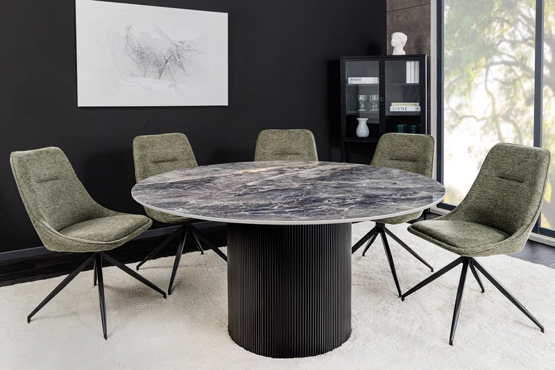 Table à manger ronde UNIQUE 120cm en céramique noire avec piètement pilier