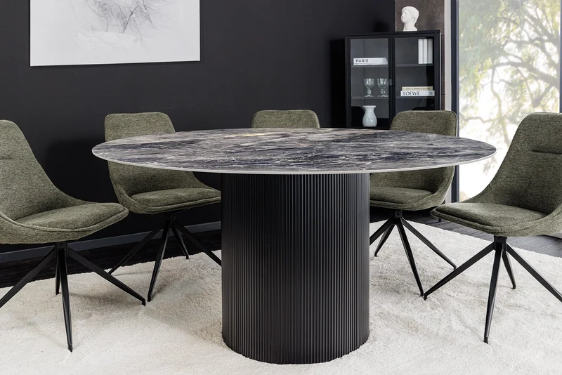 Table à manger ronde UNIQUE 120cm en céramique noire avec piètement pilier